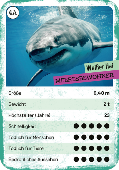 Gezeigt wird eine Innen- oder Zusatzansicht von „Das tödliche Quartett“. Die Ansicht zeigt eine farbenfrohe Spielkarte mit einem weißen Hai. Der Hintergrund ist in sanften Grüntönen gehalten. Der Hai ist detailliert abgebildet, mit einem klaren, blauen Wasserhintergrund. Oben ist der Titel „Weißer Hai“ in kräftiger Schrift und darunter die Kategorie „MEERESBEWOHNER“ in einem farbigen Banner. Auf der Karte sind verschiedene statistische Angaben in klarer Typografie aufgeführt,...