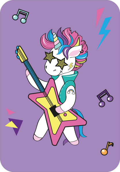 Gezeigt wird eine Innen- oder Zusatzansicht von „Schnapp dir das Einhorn!“. Das Bild zeigt ein fröhliches, stilisiertes Einhorn mit buntem, lila Hintergrund. Das Einhorn trägt Sonnenbrille und spielt eine gelbe E-Gitarre. Bunte Musiknoten und geometrische Formen in Pink und Blau umrahmen die Szene. Die Farben sind lebhaft und einladend, während die klare, kindgerechte Typografie die verspielte Atmosphäre unterstreicht.