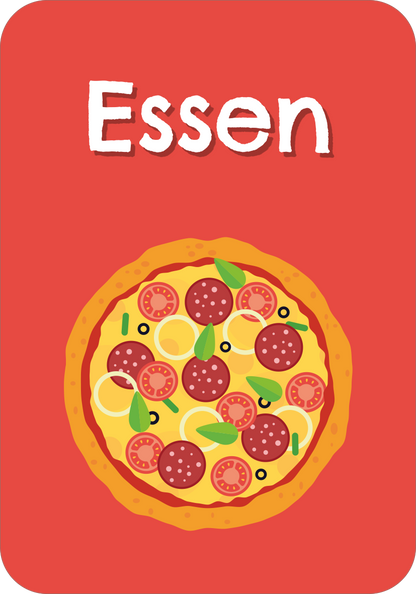 Gezeigt wird eine Innen- oder Zusatzansicht von „Stadt, Land, Fluss“. Der Hintergrund ist in einem kräftigen Rot gehalten, darüber prangt in großen, weißen Buchstaben das Wort „Essen“. In der Mitte des Bildes befindet sich eine stilisierte, farbenfrohe Darstellung einer Pizza, die mit verschiedenen Zutaten wie Peperoni, Oliven und frischem Basilikum belegt ist. Die klare Typografie und die lebendigen Farben schaffen eine einladende und ansprechende Optik.