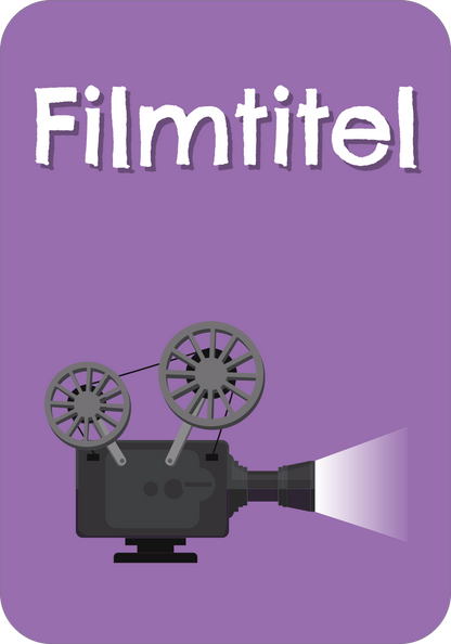 Gezeigt wird eine Innen- oder Zusatzansicht von „Stadt, Land, Fluss“. Der Hintergrund ist lila und enthält einen stilisierten Projektor mit Filmrollen, der nach rechts leuchtet. Der Titel „Filmtitel“ ist in großen, unregelmäßigen Buchstaben in Weiß angeordnet und wird von einem dritten, verspielten Schriftstilelement umgeben. Die insgesamt fröhliche und einladende Gestaltung spricht eine breite Zielgruppe an.