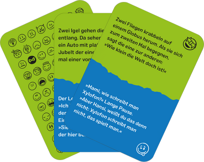 Gezeigt wird eine Innen- oder Zusatzansicht von „Bloß nicht lachen!“. Die Karten zeigen eine lebendige Farbenvielfalt mit dominierenden Grüntönen, Blau und gelbem Hintergrund. Auf den Karten sind humorvolle, kurze Textausschnitte in klarer, lesbarer Typografie dargestellt. Grafische Elemente und Emojis ergänzen die Texte, während die Illustrationen die Leichtigkeit und den Spaß des Spiels betonen. Die Anordnung der Karten wirkt ansprechend und verspielt.