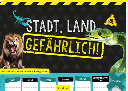Das Buchcover zeigt auf einem dunkelgrauen Hintergrund den Titel „STADT, LAND GEFÄHRLICH!“ in großen, bunten Buchstaben. Der Schriftzug ist umrahmt von einer auffälligen gelben Linie. Links ist ein eindrucksvoller Löwe zu sehen, rechts eine grüne Schlange. Oben befinden sich ein Skorpion und ein Warnsymbol. Der Untertitel „Mit vielen verschiedenen Kategorien“ ist ebenfalls aufgelistet. Ganz unten mittig steht der Logoschriftzug von arsEdition.