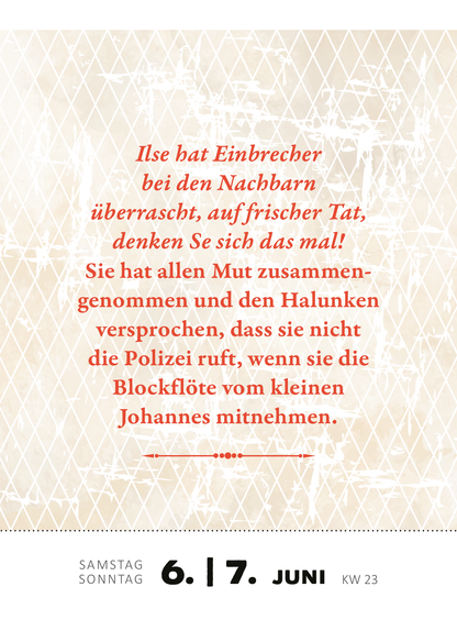 Gezeigt wird eine Innen- oder Zusatzansicht von „Abreißkalender Renate Bergmann – Der Kalender 2026“. Der Hintergrund ist in sanften Cremetönen gehalten, mit einem feinen, geometrischen Muster. Der Text zeigt in verspielter, roter Schrift den Satz „Ilse hat Einbrecher bei den Nachbarn überrascht, auf frischer Tat, denken Sie sich das mal!“ und darunter in kleinerer Schrift die Datumsangaben. Die Typografie variiert in Größe und Stil, wodurch die zentrale Botschaft hervorgehoben...