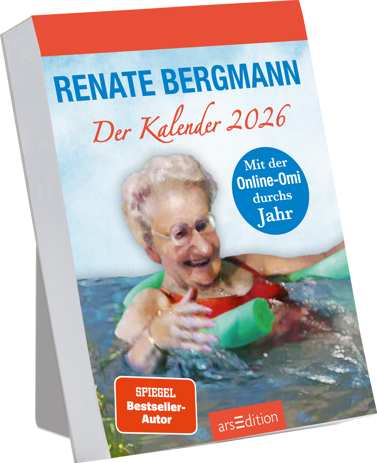 Auf dem Cover sieht man eine ältere Frau mit brünettem Haar, die in einem Schwimmbecken entspannt und lächelt. Sie trägt eine rot-grüne Schwimmweste und eine Brille. Oben auf dem Cover befindet sich der Titel „Renate Bergmann – Der Kalender 2026“ in auffälliger roter Schrift. Ein blauer Button mit dem Text „Mit der Online-Omi durchs Jahr“ ist ebenfalls vorhanden. Links oben ist der Hinweis „SPIEGEL Bestseller-Autor“ platziert. Ganz unten mittig steht der Logoschriftzug von...