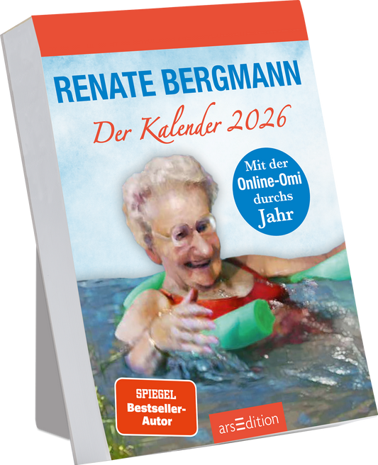 Auf dem Cover sieht man eine ältere Frau mit brünettem Haar, die in einem Schwimmbecken entspannt und lächelt. Sie trägt eine rot-grüne Schwimmweste und eine Brille. Oben auf dem Cover befindet sich der Titel „Renate Bergmann – Der Kalender 2026“ in auffälliger roter Schrift. Ein blauer Button mit dem Text „Mit der Online-Omi durchs Jahr“ ist ebenfalls vorhanden. Links oben ist der Hinweis „SPIEGEL Bestseller-Autor“ platziert. Ganz unten mittig steht der Logoschriftzug von...