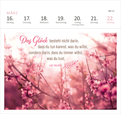 Gezeigt wird eine Innen- oder Zusatzansicht von „Postkartenkalender 365 Tage Gelassenheit 2026“. Die Darstellung umfasst eine sanfte, rosa Farbpalette mit einem blühenden Kirschbaum im Hintergrund. Die zentrale typografische Botschaft in einer eleganten, geschwungenen Schriftart lautet: „Das Glück besteht nicht darin, dass du tun kannst, was du willst, sondern darin, dass du immer willst, was du tust.“ Die Quelle „LEO TOLSTOI“ steht in klarer Schrift darunter.