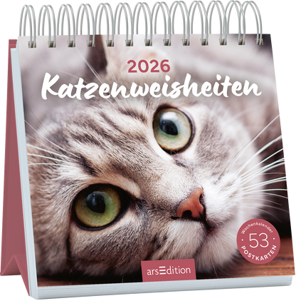 Auf dem Buchcover „Katzenweisheiten 2026“ ist das Nahaufnahme eines grauen Katzenkopfes mit großen, grünen Augen abgebildet. Der Titel in geschwungener, weißer Schrift hebt sich sanft vom Hintergrund ab, der in warmen, neutralen Farben gehalten ist. Oben links steht die Jahreszahl „2026“. Unten rechts ist ein runder Button mit dem Text „53 Postkarten“ zu sehen. Ganz unten mittig steht der Logoschriftzug von arsEdition.