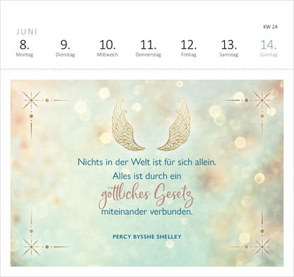 Gezeigt wird eine Innen- oder Zusatzansicht von „Postkartenkalender Engelsbotschaften 2026“. Die Ansicht zeigt einen sanften, pastellfarbenen Hintergrund mit verschwommenen, goldenen Akzenten. Zentral steht ein Zitat von Percy Bysshe Shelley in einer eleganten Schriftart, wobei der Teil „göttliches Gesetz“ in roter Kursivschrift hervorgehoben ist. Der Text ist von zarten Engelflügeln und geschmackvollen grafischen Elementen umgeben, die durch eine harmonische Komposition ergänzt...