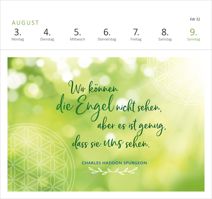 Gezeigt wird eine Innen- oder Zusatzansicht von „Postkartenkalender Engelsbotschaften 2026“. Die Seite zeigt einen grünen, sanften Hintergrund mit verschwommenen Lichtpunkten, der eine freundliche Atmosphäre schafft. In der Mitte steht der Text „Wir können die Engel nicht sehen, aber es ist genug, dass sie uns sehen.“ in geschwungener, dunkler Schrift. Darunter befindet sich der Name „CHARLES HADDON SPURGEON“ in klarer, einfacher Typografie, ergänzt durch zarte, illustrative...