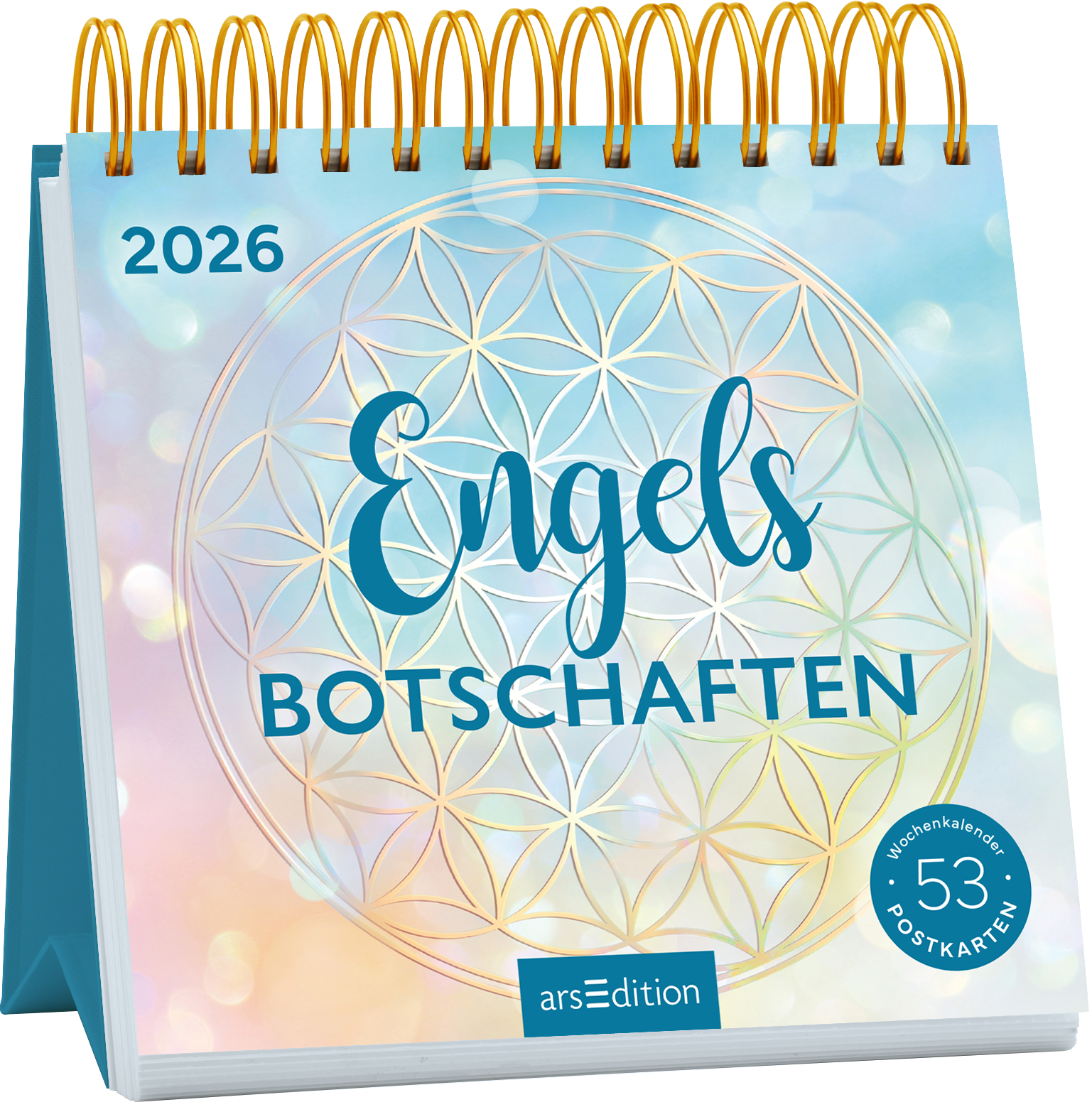 Das Buchcover zeigt einen spiralförmigen, goldenen Ring, der einen sanft farbverlaufenden Hintergrund in zartblauen und rosafarbenen Tönen umrahmt. Im Zentrum steht der Titel „Engels Botschaften“ in eleganter, geschwungener Schrift in tiefblau. Darüber ist das Jahr „2026“ in heller Schrift platziert. Ein button in der unteren rechten Ecke erklärt „53 Postkarten“. Ganz unten mittig steht der Logoschriftzug von arsEdition.