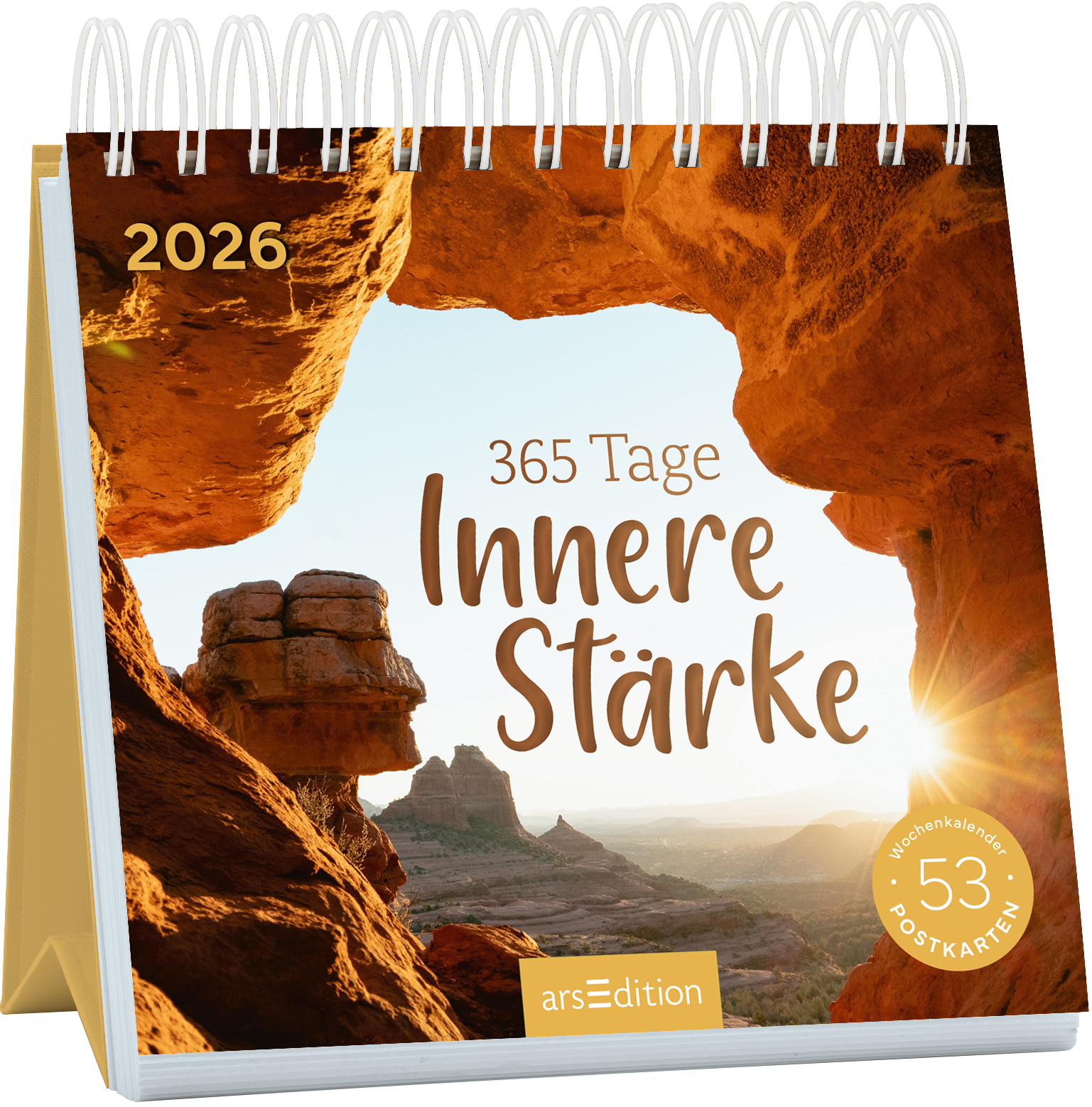Das Buchcover zeigt eine atemberaubende Felslandschaft mit warmen, erdigen Farbtönen und einem strahlenden Sonnenlicht, das durch eine Felsöffnung bricht. Der Titel „365 Tage Innere Stärke“ ist in einer geschwungenen, freundlichen Schrift in Braun gehalten. Oben links ist das Jahr „2026“ abgebildet. Der Cover-Layout vermittelt ein Gefühl von Ruhe und Inspiration. Ganz unten mittig steht der Logoschriftzug von arsEdition.