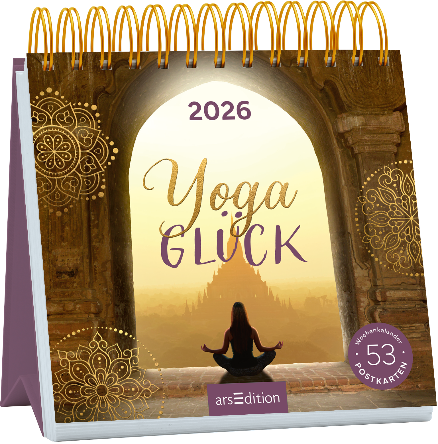 Das Buchcover zeigt eine friedliche Yogini in Meditationshaltung vor einem großen Torbogen, durch den ein sanfter goldener Lichtschein strahlt. Der Hintergrund zeigt eine silhouettehafte Tempelarchitektur im Dämmerlicht. Der Titel „Yoga GLÜCK“ ist in geschwungener, goldener Schrift und einer sanften lila Schriftfarbe gestaltet und vermittelt eine harmonische Atmosphäre. Oben wird das Jahr „2026“ angezeigt. Rechts unten befindet sich der Hinweis „Wochenkalender 53 Postkarten“....