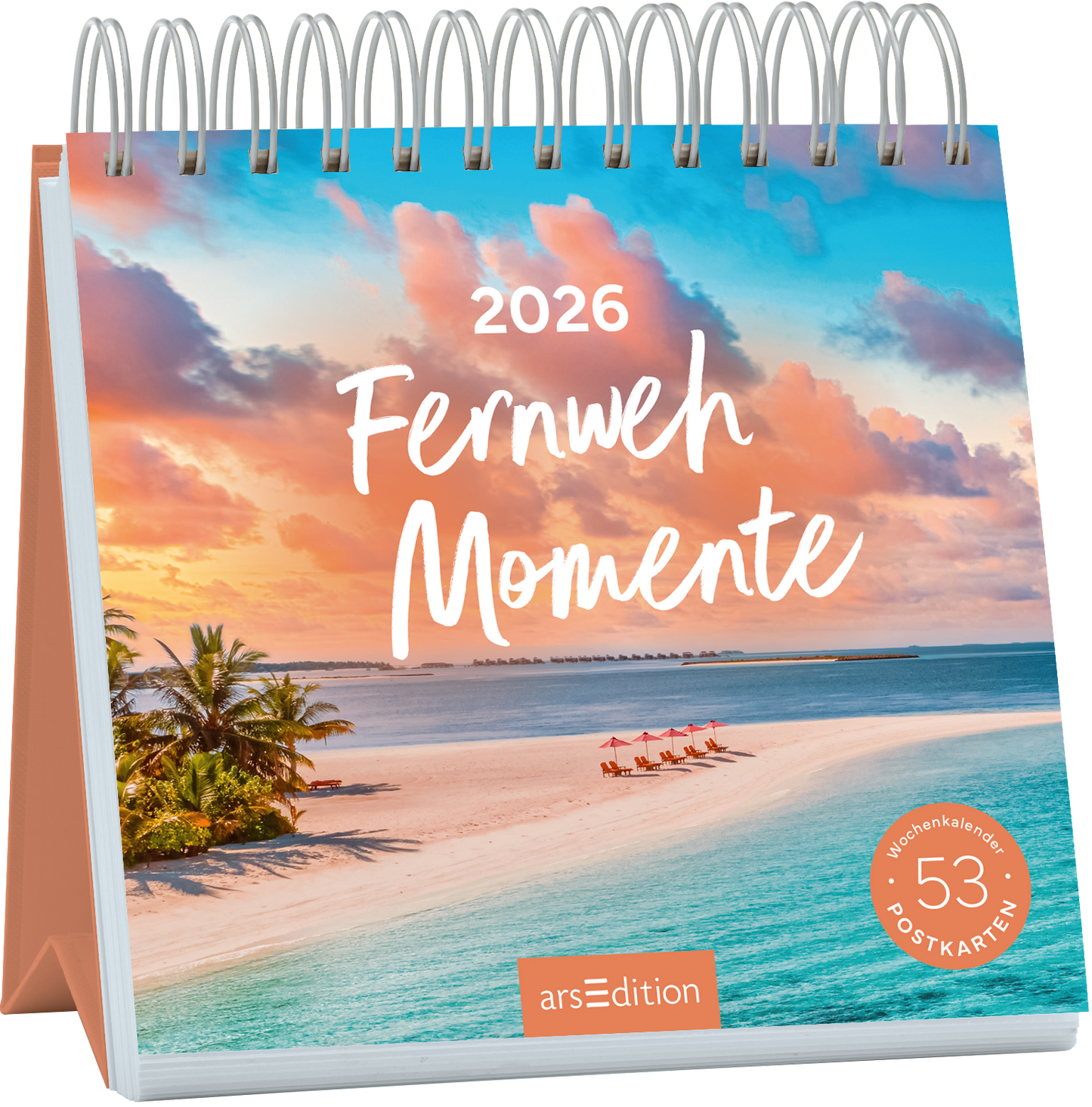 Das Buchcover zeigt einen traumhaften Strand mit sanften Wellen und einer palmengesäumten Küste, beleuchtet von warmem Sonnenlicht. Der Himmel ist in Pastellfarben von Blau, Rosa und Orange gehalten. Zentral steht der Titel „Fernweh Momente“ in einer eleganten, weißen Schrift, ergänzt durch die Jahreszahl „2026“ darüber. In der unteren rechten Ecke befindet sich ein Button mit dem Text „53 Postkarten“, der den Inhalt des Kalenders beschreibt. Ganz unten mittig steht der...