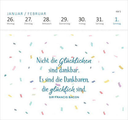 Gezeigt wird eine Innen- oder Zusatzansicht von „Postkartenkalender Glücksmantras 2026“. Auf einem hellen Hintergrund sind bunte Konfetti-Elemente in verschiedenen Farben verteilt. Im Vordergrund steht ein Zitat in blauer, geschwungener Schrift: „Nicht die glücklichen sind dankbar. Es sind die Dankbaren, die glücklich sind.“ Darunter in schlichter, schwarzer Schrift steht der Autor: „SIR FRANCIS BACON“. Die Anordnung der Elemente schafft eine harmonische und fröhliche...