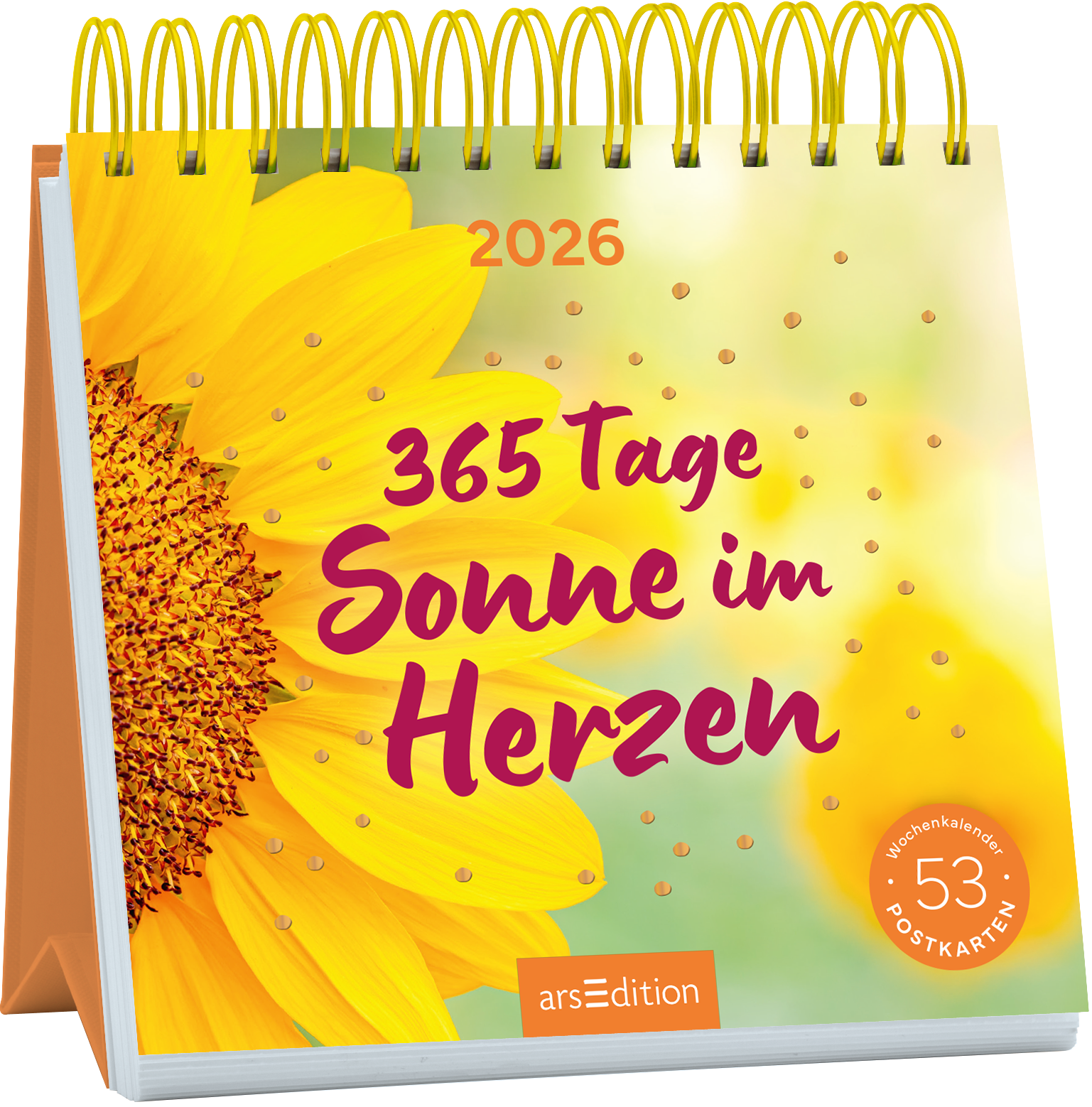 Das Cover zeigt eine große, leuchtende Sonnenblume mit sanften Gelbtönen und einer warmen, grünen Hintergrundgestaltung. Darauf steht in kräftiger, lila Schrift „365 Tage Sonne im Herzen“, flankiert von der Jahreszahl „2026“ in leuchtendem Orange. Im unteren rechten Bereich befindet sich ein runder Button mit dem Text „53 Postkarten“. Ganz unten mittig steht der Logoschriftzug von arsEdition.