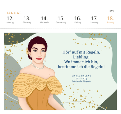Gezeigt wird eine Innen- oder Zusatzansicht von „Postkartenkalender Kluge Frauen, die die Welt und uns inspirieren 2026“. Die Darstellung zeigt eine illustrierte Frau mit dunklen Haaren und einer eleganten gelben Bluse. Um sie herum sind goldene Akzente und eine sanfte, mintfarbene Hintergrundgestaltung. Der Schriftzug enthält das Zitat „Hör&#039; auf mit Regeln, Liebling! Wo immer ich bin, bestimme ich die Regeln!“ in einer klaren, dunklen Schrift. Unter dem Bild sind der Name...