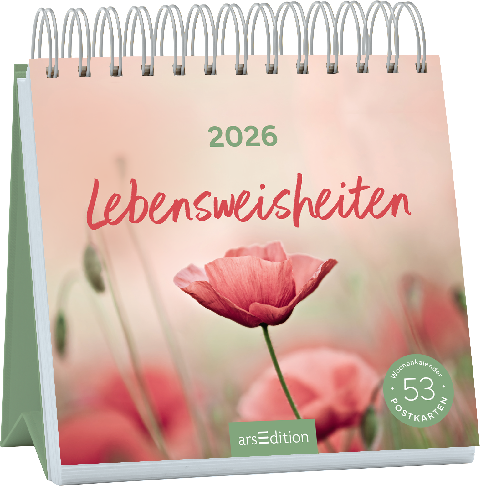 Auf dem Buchcover ist ein sanfter, rosafarbener Hintergrund mit verschwommenen Blumenmotiven zu sehen. In der oberen Mitte steht das Jahr „2026“ in einer klaren, modernen Schrift. Darunter ist in einer lockeren, handschriftlichen Typografie der Titel „Lebensweisheiten“ platziert, der in einem kräftigen Rotton hervorsticht. In der unteren rechten Ecke befindet sich ein runder Button mit der Aufschrift „53 Postkarten“. Ganz unten mittig steht der Logoschriftzug von arsEdition.