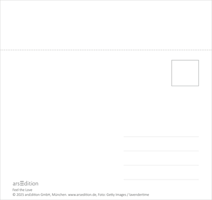 Gezeigt wird eine Innen- oder Zusatzansicht von „Postkartenkalender Feel the love 2026“. Die Ansicht zeigt eine minimalistische Gestaltung in Weiß mit einem schlichten Layout. Es sind vorgesehene Felder für Adressinformationen und eine kleine Grafikfläche für Motive. Unten links befindet sich ein dezent platzierter Schriftzug mit dem Titel sowie den Verlagsinformationen. Die Typografie ist klar und gut lesbar, was die Nutzerfreundlichkeit unterstützt.