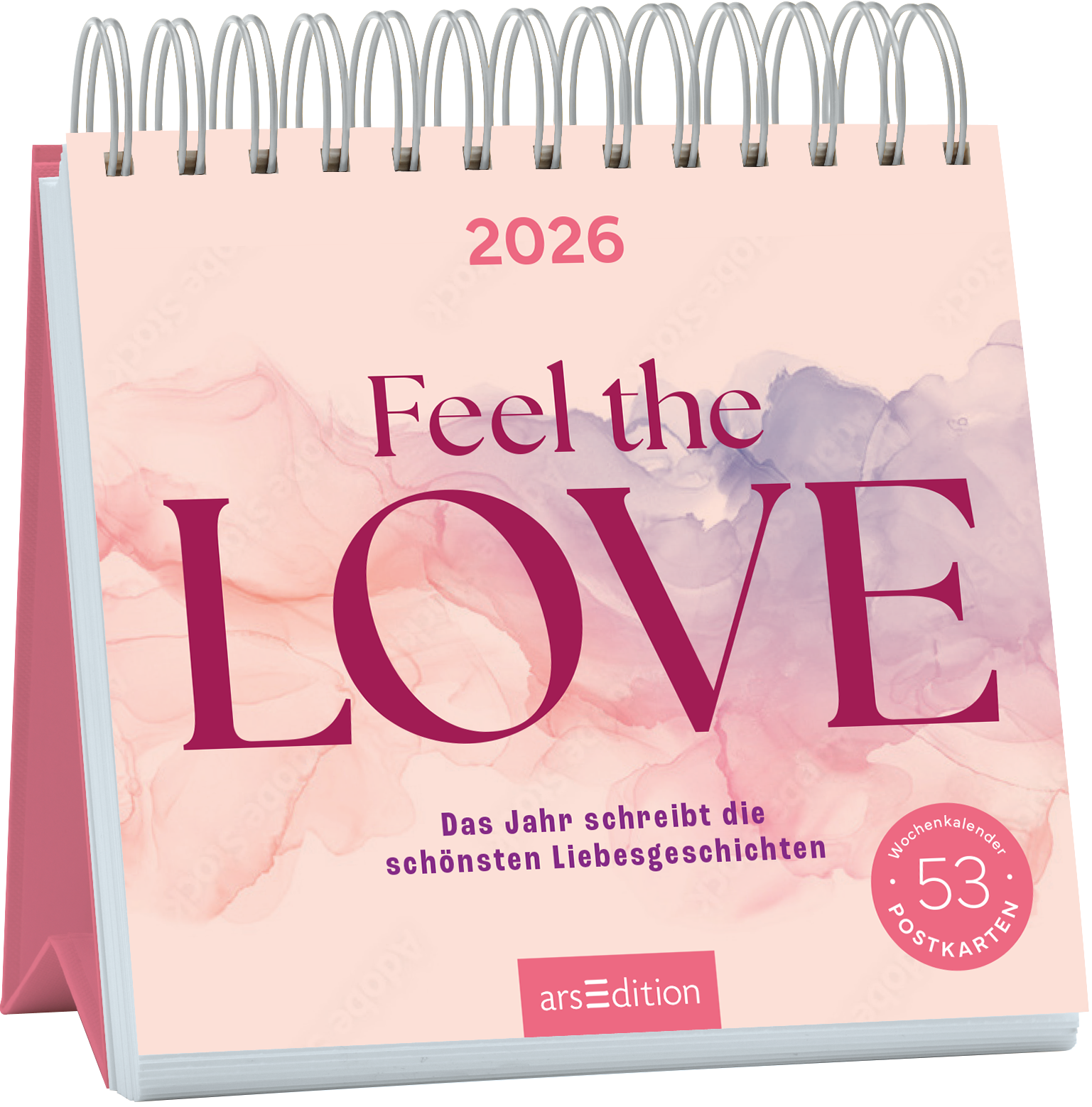Auf dem Cover für den Kalender „Feel the LOVE“ ist der Titel in großen, eleganten, burgunderroten Buchstaben gestaltet, wobei das Wort „LOVE“ auffällt, da es überdimensional und in einer verspielten Schriftart steht. Der Hintergrund zeigt sanfte, pastellfarbene Aquarellsplashes in hellen Rosa- und Lilatönen, die eine romantische und verträumte Atmosphäre erzeugen. Unterhalb des Titels steht der Untertitel „Das Jahr schreibt die schönsten Liebesgeschichten“. Oben links ist...