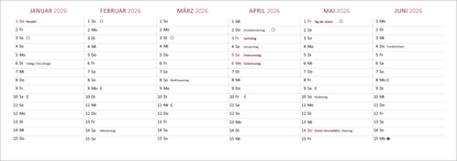 Gezeigt wird eine Innen- oder Zusatzansicht von „Tischkalender Lebensweisheiten 2026“. Die Ansicht zeigt die Monate von Januar bis Juni 2026. Die Farbpalette ist in sanften Tönen gehalten, mit rosa und burgunderfarbenen Akzenten. Die Tage sind in klarer, gut lesbarer Typografie angeordnet, wobei Wochenenden und Feiertage hervorgehoben sind. Jeder Monat ist übersichtlich gegliedert und bietet ausreichend Platz für Notizen, was die Usability erhöht.