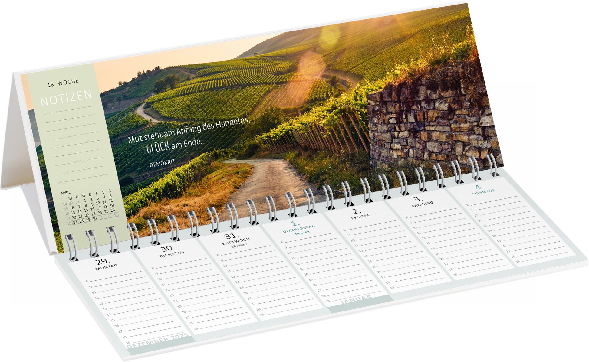 Gezeigt wird eine Innen- oder Zusatzansicht von „Tischkalender Heute ist mein Lieblingstag! 2026“. Der Kalender präsentiert eine sanfte, natürliche Farbpalette mit dominierenden Erdtönen und einem lichten Landschaftsbild im oberen Bereich. Die Abbildung zeigt einen kurvenreichen Weg durch Weinberge, während der Text „Nur steht am Anfang des Handelns, GLÜCK am Ende“ in elegantem Schwarz darübersteht. Die Wochentage und Notizen sind in klarer, gut lesbarer Schrift auf hellen...