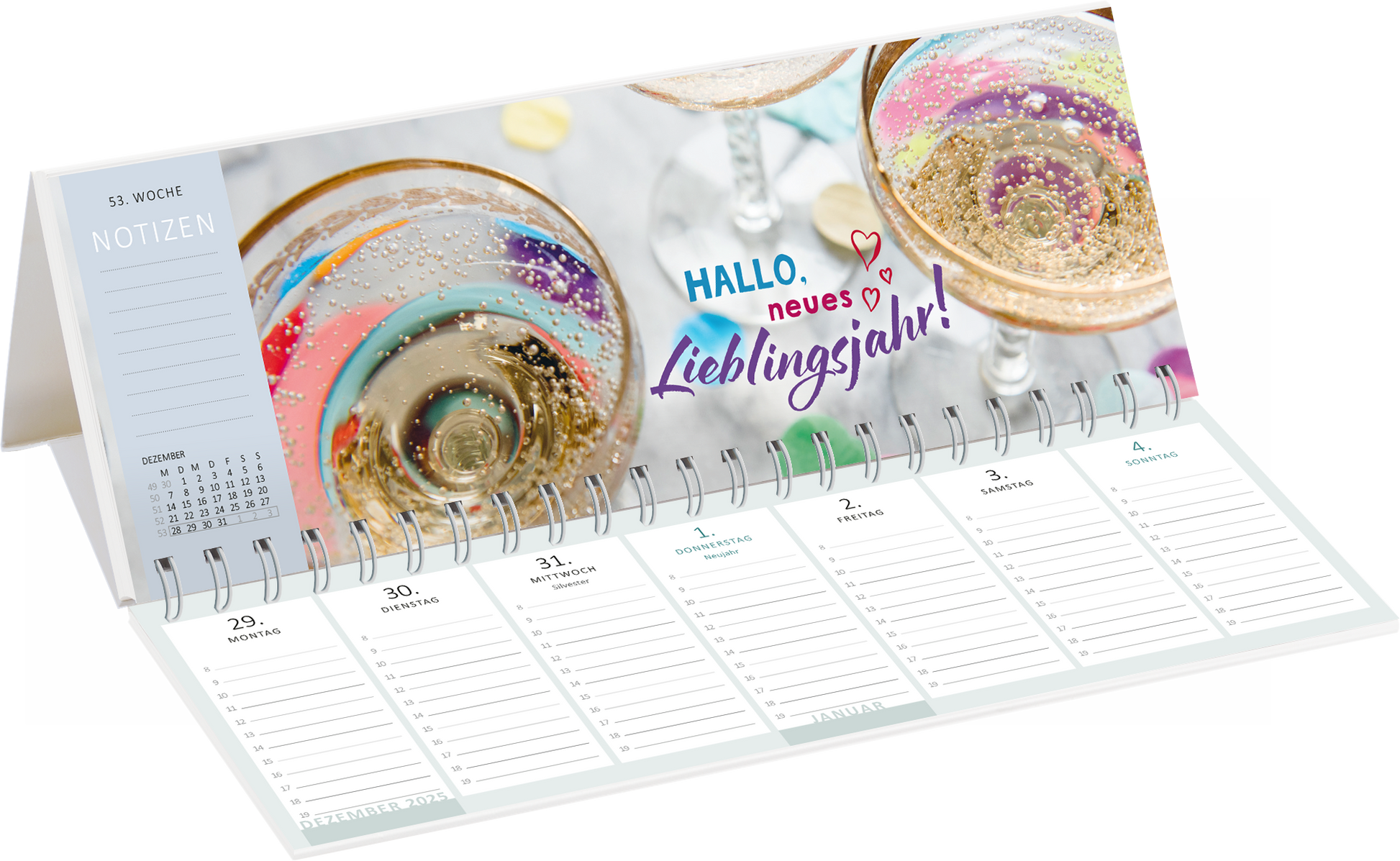 Gezeigt wird eine Innen- oder Zusatzansicht von „Tischkalender Heute ist mein Lieblingstag! 2026“. Die Seite präsentiert einen festlichen Hintergrund mit Gläsern, die mit prickelndem Getränk gefüllt sind, sowie bunten Konfetti-Elementen. Der ansprechende Schriftzug „HALLO, neues Lieblingsjahr!“ in lebhaften Farben steht im Vordergrund. Darunter sind die Kalenderwochen mit ausreichend Platz für Notizen, die in klaren, strukturierten Linien dargestellt sind. Die Farbpalette ist hell...