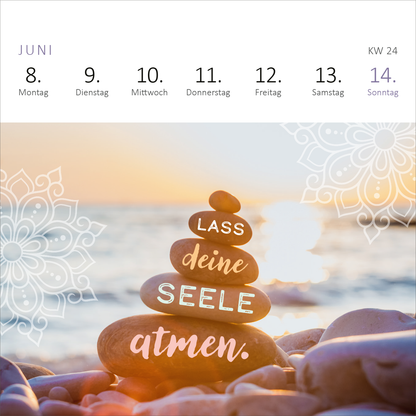 Gezeigt wird eine Innen- oder Zusatzansicht von „Mini-Wochenkalender Einatmen. Ausatmen. Lächeln. 2026“. Die Ansicht zeigt den Monat Juni mit einem sanften Farbverlauf im Hintergrund, der eine ruhige Strandatmosphäre vermittelt. Darauf sind geschichtete Steine abgebildet, auf denen in einer geschwungenen Schrift „LASS deine SEELE atmen.“ steht. Die Typografie ist freundlich und einladend, umrahmt von filigranen weißen Blütenmustern. Montag bis Sonntag sind klar strukturiert und gut...