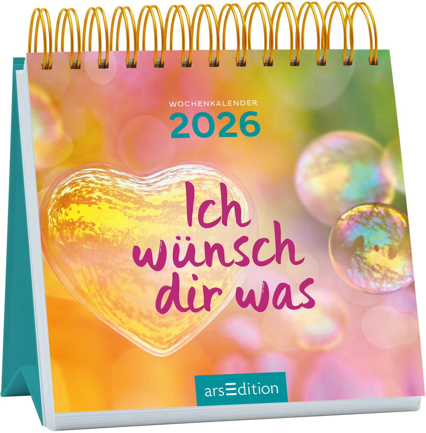 Der Kalender zeigt ein sanftes, farbenfrohes Hintergrundbild mit pastellfarbenen Blasen und einem warmen, herzförmigen Element in der Mitte. In verspielter, lila Schrift steht „Ich wünsch dir was“ prominente platziert. An der Oberseite ist „WOCHENKALENDER 2026“ in einem helleren Blauton zu sehen. Die Gesamtatmosphäre ist freundlich und einladend. Ganz unten mittig steht der Logoschriftzug von arsEdition.