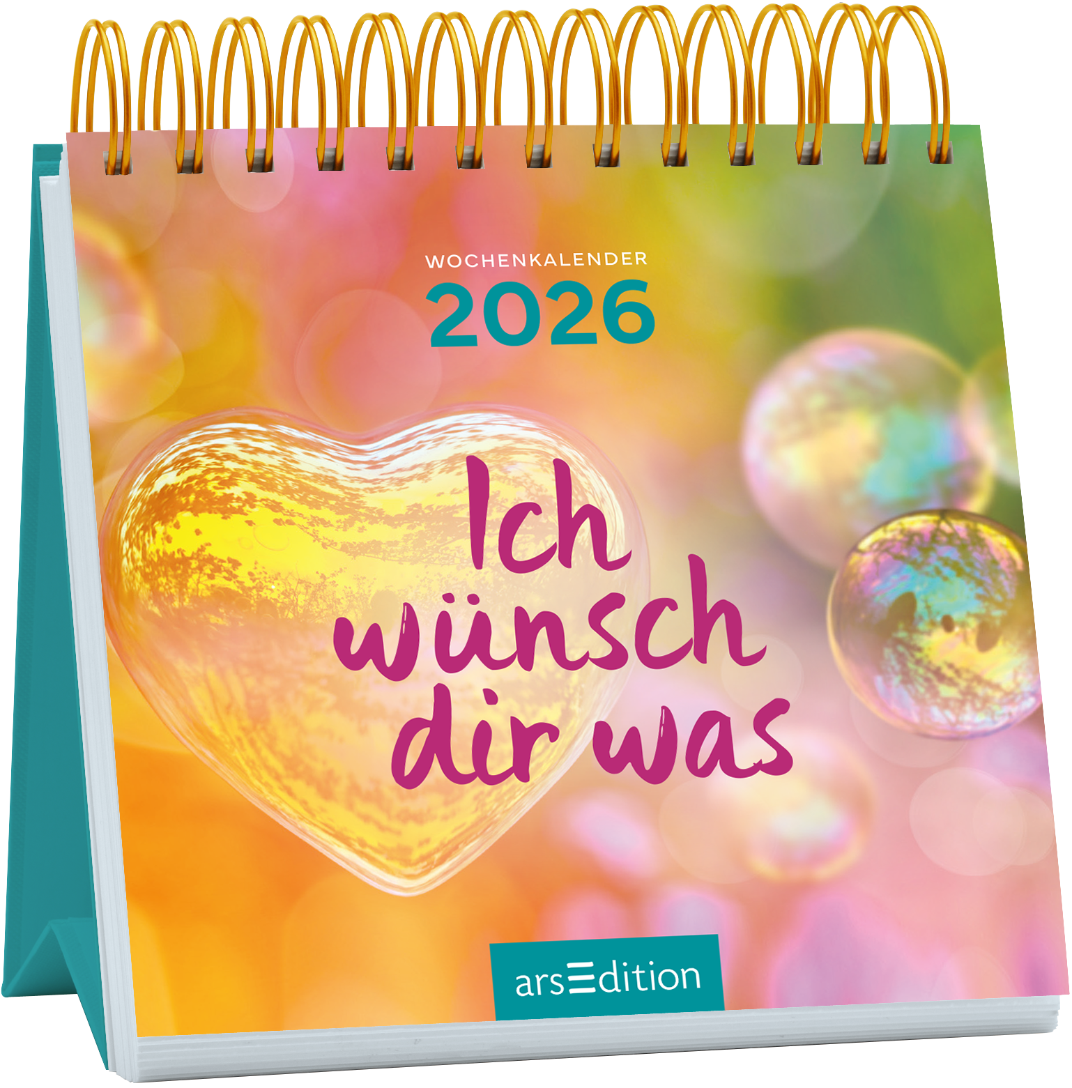 Der Kalender zeigt ein sanftes, farbenfrohes Hintergrundbild mit pastellfarbenen Blasen und einem warmen, herzförmigen Element in der Mitte. In verspielter, lila Schrift steht „Ich wünsch dir was“ prominente platziert. An der Oberseite ist „WOCHENKALENDER 2026“ in einem helleren Blauton zu sehen. Die Gesamtatmosphäre ist freundlich und einladend. Ganz unten mittig steht der Logoschriftzug von arsEdition.