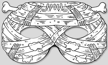 Gezeigt wird eine Innen- oder Zusatzansicht von „Gruselmasken zum Ausmalen“. Die Abbildung zeigt eine maske, die mit Verbänden und Knochenmotiven versehen ist. Die Maske hat zwei große, ovale Aussparungen für die Augen und ist in einem einfachen, klaren schwarz-weißen Design gehalten. Typografische Elemente sind nicht vorhanden, was den Fokus auf die ausmalbaren Details lenkt und eine kreative Gestaltung ermöglicht.