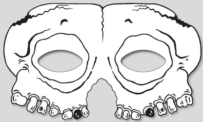 Gezeigt wird eine Innen- oder Zusatzansicht von „Gruselmasken zum Ausmalen“. Die Abbildung zeigt eine Maske in Form eines Schädels mit großen, ovalen Augenöffnungen. Die Konturen sind in Schwarz gehalten, während die Innenseiten unbunt und zum Ausmalen vorgesehen sind. Die maskenartige Form ist leicht abstrahiert und weist eine verspielte Ausstrahlung auf, was sie ideal für kreative Aktivitäten macht.