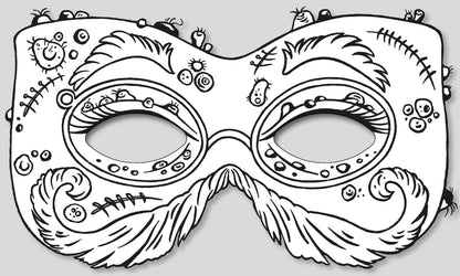 Gezeigt wird eine Innen- oder Zusatzansicht von „Gruselmasken zum Ausmalen“. Die Ansicht zeigt eine gruselige Maske mit detaillierten Mustern. Zentrale Elemente sind große Augenöffnungen, geschwungene Augenbrauen sowie ein buschiger Schnurrbart. Die Maske ist mit verschiedenen gruseligen und lustigen Motiven verziert, darunter kleine Gespenster und Spinnen. Die Linien sind klar und dick, ideal zum Ausmalen. Der Hintergrund ist neutral, um die Maske hervorzuheben.
