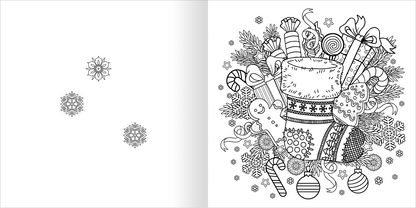 Gezeigt wird eine Innen- oder Zusatzansicht von „Ausmal-Adventskalender – Kreative Winterzeit“. Die rechte Seite zeigt eine detaillierte Illustration eines großen Bechers, umgeben von Weihnachtsleckereien wie Lebkuchen, Zuckerstangen und Kugeln. Die Zeichnung ist in schwarz-weiß und enthält florale Muster sowie Schneeflocken. Die Darstellung hat verspielte, schwungvolle Linien und eine ansprechende, festliche Anordnung, die zum Ausmalen einlädt. Links sind kleine, vereinzelte...
