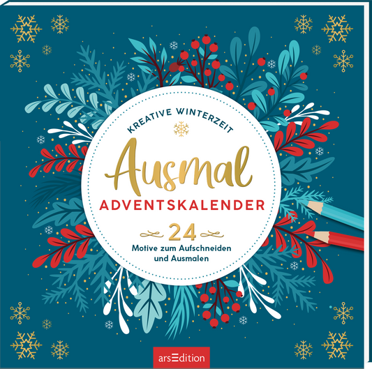 Auf dem Buchcover eines Ausmal-Adventskalenders ist ein kräftiges Blau als Hintergrundfarbe zu sehen, das mit bunten, festlichen Pflanzenmotiven in rot und grün geschmückt ist. In der Mitte befindet sich ein runder, weißer Bereich mit dem Titel „Ausmal ADVENTSKALENDER“ in verspielter Goldschrift. Darunter steht „24 Motive zum Aufschneiden und Ausmalen“. Oben prangt der Schriftzug „KREATIVE WINTERZEIT“. Ganz unten mittig steht der Logoschriftzug von arsEdition.
