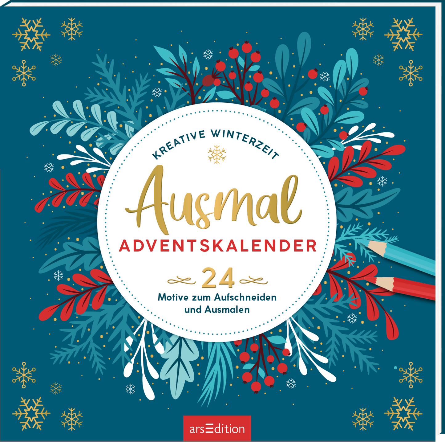 Auf dem Buchcover eines Ausmal-Adventskalenders ist ein kräftiges Blau als Hintergrundfarbe zu sehen, das mit bunten, festlichen Pflanzenmotiven in rot und grün geschmückt ist. In der Mitte befindet sich ein runder, weißer Bereich mit dem Titel „Ausmal ADVENTSKALENDER“ in verspielter Goldschrift. Darunter steht „24 Motive zum Aufschneiden und Ausmalen“. Oben prangt der Schriftzug „KREATIVE WINTERZEIT“. Ganz unten mittig steht der Logoschriftzug von arsEdition.