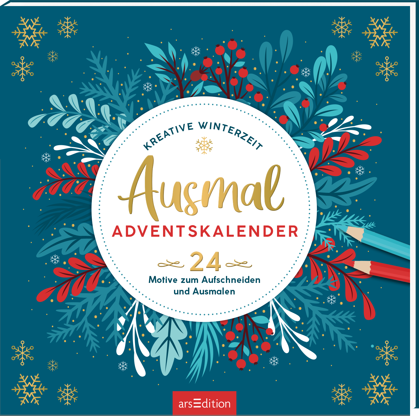 Auf dem Buchcover eines Ausmal-Adventskalenders ist ein kräftiges Blau als Hintergrundfarbe zu sehen, das mit bunten, festlichen Pflanzenmotiven in rot und grün geschmückt ist. In der Mitte befindet sich ein runder, weißer Bereich mit dem Titel „Ausmal ADVENTSKALENDER“ in verspielter Goldschrift. Darunter steht „24 Motive zum Aufschneiden und Ausmalen“. Oben prangt der Schriftzug „KREATIVE WINTERZEIT“. Ganz unten mittig steht der Logoschriftzug von arsEdition.