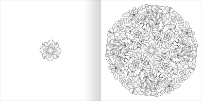 Gezeigt wird eine Innen- oder Zusatzansicht von „Mandala-Zauber – Am Meer“. Das Bild zeigt eine detaillierte, kreisförmige Mandala-Zeichnung, die mit floralen Motiven und geschwungenen Linien gefüllt ist. Die Umrisse sind in Schwarz gehalten, während der Hintergrund weiß ist. Überall sind elegante Pflanzen und fantasievolle Formen angeordnet, die ein Gefühl von Harmonie und Ruhe vermitteln.