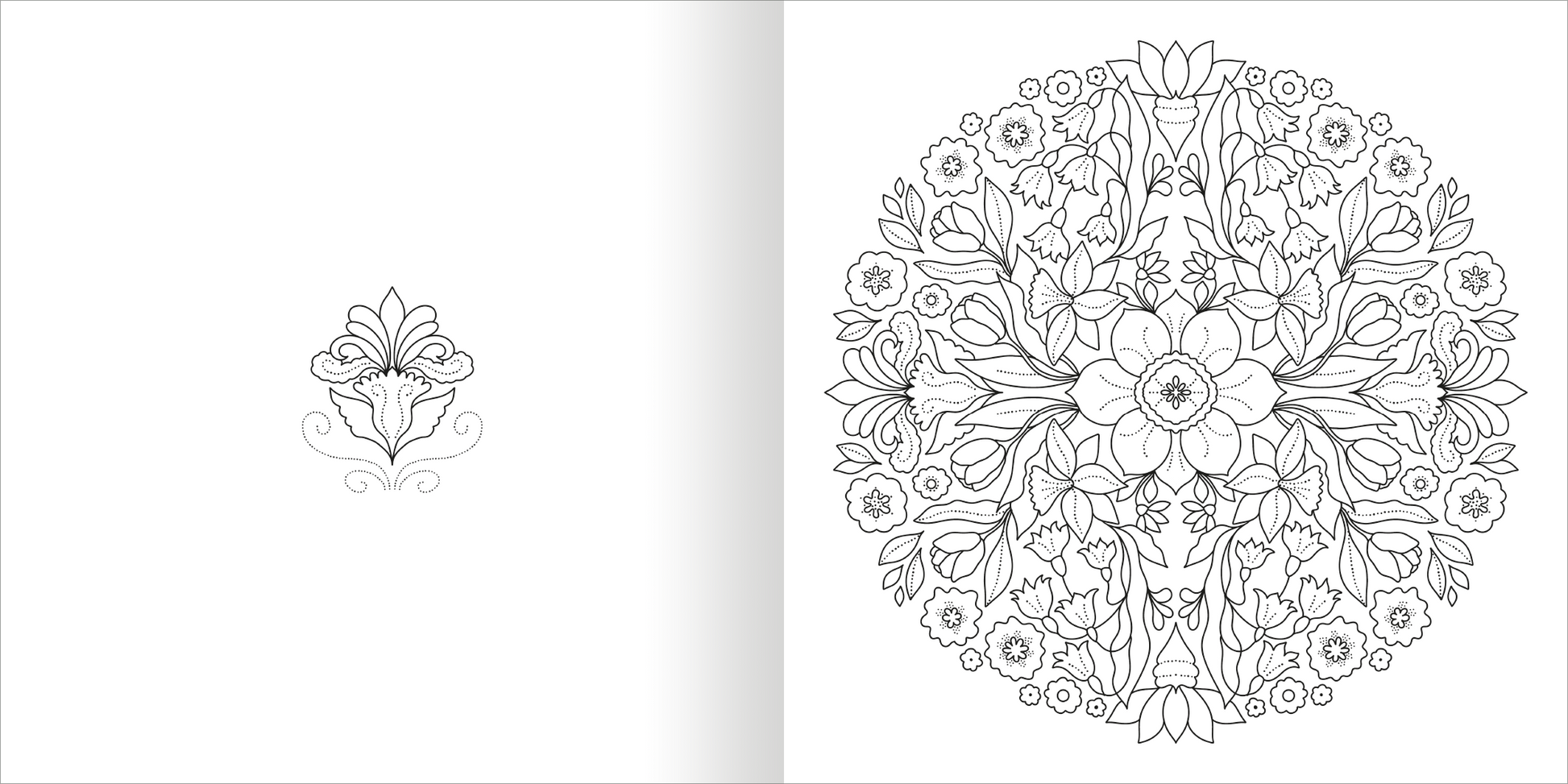 Gezeigt wird eine Innen- oder Zusatzansicht von „Mandala-Zauber – Im Grünen“. Die Abbildung zeigt auf der rechten Seite ein detailliertes, kreisförmiges Mandala mit floralen Motiven, darunter Blumen und Blätter, die harmonisch angeordnet sind. Die Linien sind klar und präzise, und die gesamte Komposition ist in Schwarz-Weiß gehalten. Links ist ein kleines, ornamentales Element dargestellt, das die verspielte Gestaltung des Werks unterstreicht.