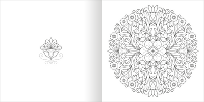 Gezeigt wird eine Innen- oder Zusatzansicht von „Mandala-Zauber – Im Grünen“. Die Abbildung zeigt auf der rechten Seite ein detailliertes, kreisförmiges Mandala mit floralen Motiven, darunter Blumen und Blätter, die harmonisch angeordnet sind. Die Linien sind klar und präzise, und die gesamte Komposition ist in Schwarz-Weiß gehalten. Links ist ein kleines, ornamentales Element dargestellt, das die verspielte Gestaltung des Werks unterstreicht.