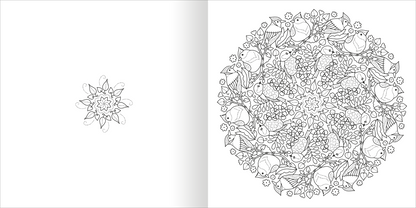 Gezeigt wird eine Innen- oder Zusatzansicht von „Mandala-Zauber – Im Grünen“. Die linke Seite zeigt ein minimalistisches, blütenförmiges Muster, während die rechte Seite ein detailliertes, runde Mandala mit Vögeln, Pflanzen und floralen Mustern abbildet. Die Linienführung ist klar und präzise, und der Kontrast zwischen den schwarzen Linien und dem weißen Hintergrund betont die Komplexität der Elemente. Ideal zum Ausmalen und Entspannen.