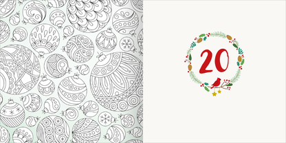 Gezeigt wird eine Innen- oder Zusatzansicht von „Diamond Adventskalender“. Auf der linken Seite befindet sich ein detailliertes, monochromes Muster von Weihnachtskugeln mit geschwungenen Linien und komplizierten Mustern. Rechts ist die Zahl „20“ in kräftigem Rot, umrahmt von einem festlichen Kranz aus grünen Tannenzweigen, kleinen roten Beeren und goldenen Sternen. Der Hintergrund ist schlicht in hellem Cremefarben gehalten, was einen harmonischen Kontrast zu den lebhaften Farben...