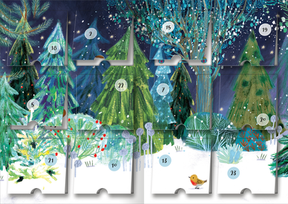 Gezeigt wird eine Innen- oder Zusatzansicht von „Mein Adventskalender mit Stickern“. Die Darstellung umfasst eine Winterlandschaft mit üppigen, grünen Tannenbäumen und blühenden Pflanzen in lebhaften Farben. Zahlreiche Fensterchen sind nummeriert und in sanften Pastelltönen gehalten. Der Hintergrund ist in tiefem Blau mit weißen Schneeflocken gestaltet, während ein kleiner Vogel auf einer der unteren Karten sitzt. Die verspielte Typografie der Zahlen ergänzt die festliche...