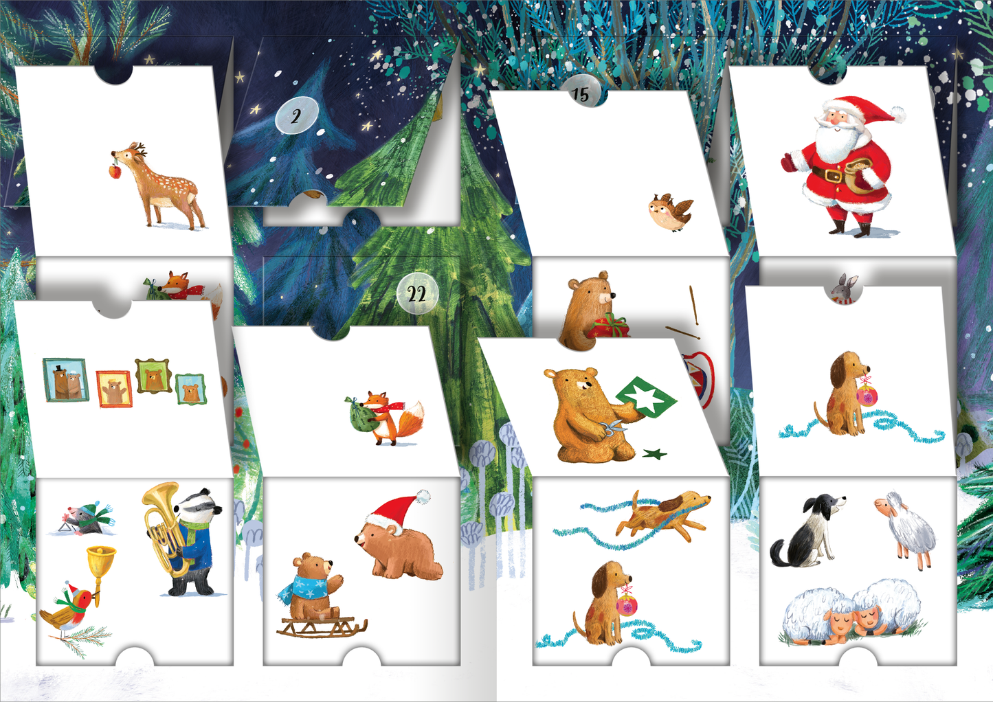 Gezeigt wird eine Innen- oder Zusatzansicht von „Mein Adventskalender mit Stickern“. Die Ansicht präsentiert mehrere Fächer mit abwechslungsreichen, festlichen Illustrationen, darunter ein Rentier, einen Weihnachtsmann und verschiedene Tiere, wie Bären und Hunde, die mit Geschenken und Dekorationen interagieren. Die Farben sind lebhaft und weihnachtlich, vorwiegend in Rot, Grün und Weiß, während die Typografie schlicht und ansprechend gestaltet ist, um die festliche Stimmung zu...