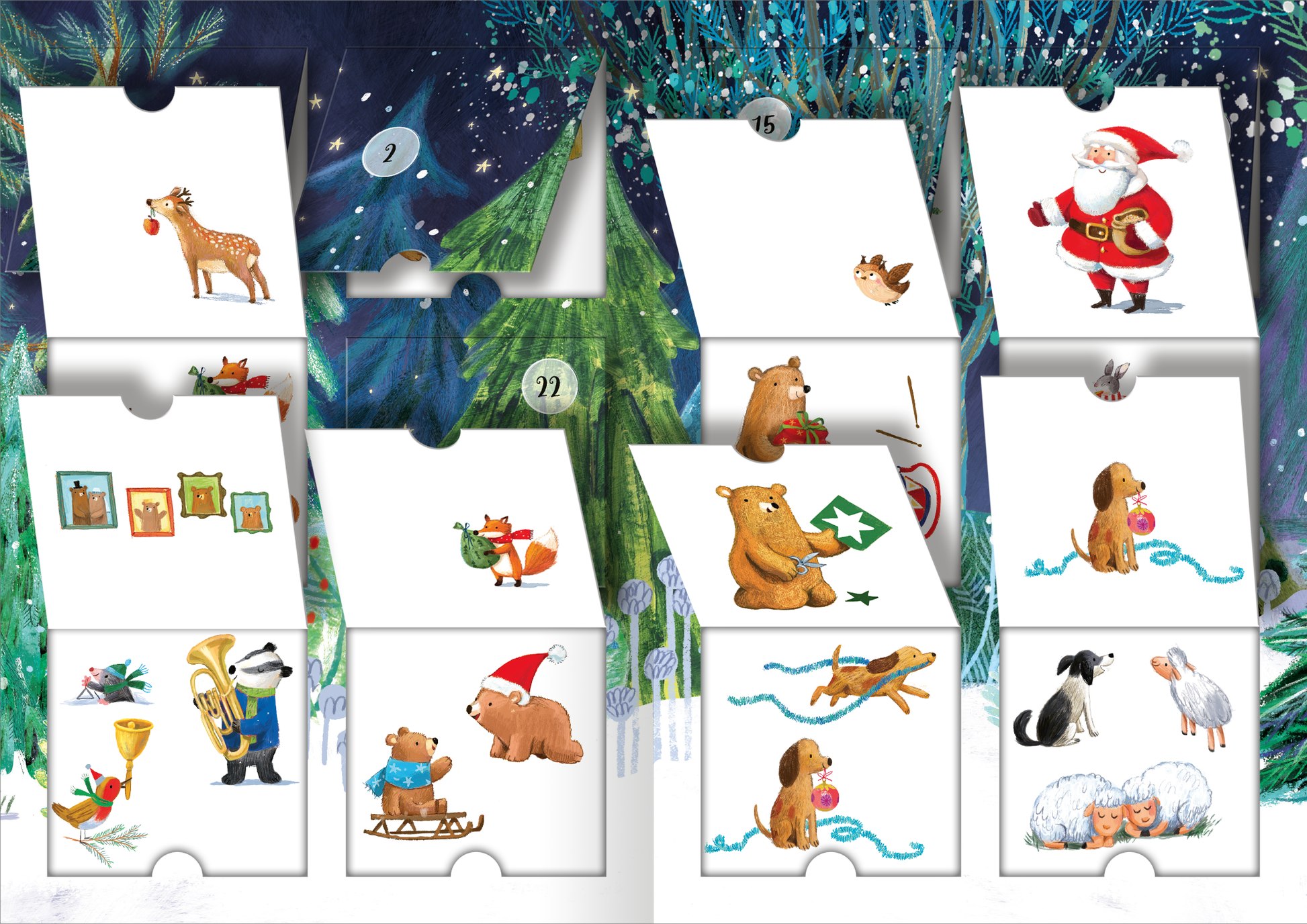 Gezeigt wird eine Innen- oder Zusatzansicht von „Mein Adventskalender mit Stickern“. Die Ansicht präsentiert mehrere Fächer mit abwechslungsreichen, festlichen Illustrationen, darunter ein Rentier, einen Weihnachtsmann und verschiedene Tiere, wie Bären und Hunde, die mit Geschenken und Dekorationen interagieren. Die Farben sind lebhaft und weihnachtlich, vorwiegend in Rot, Grün und Weiß, während die Typografie schlicht und ansprechend gestaltet ist, um die festliche Stimmung zu...