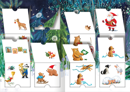 Gezeigt wird eine Innen- oder Zusatzansicht von „Mein Adventskalender mit Stickern“. Die Ansicht präsentiert mehrere Fächer mit abwechslungsreichen, festlichen Illustrationen, darunter ein Rentier, einen Weihnachtsmann und verschiedene Tiere, wie Bären und Hunde, die mit Geschenken und Dekorationen interagieren. Die Farben sind lebhaft und weihnachtlich, vorwiegend in Rot, Grün und Weiß, während die Typografie schlicht und ansprechend gestaltet ist, um die festliche Stimmung zu...