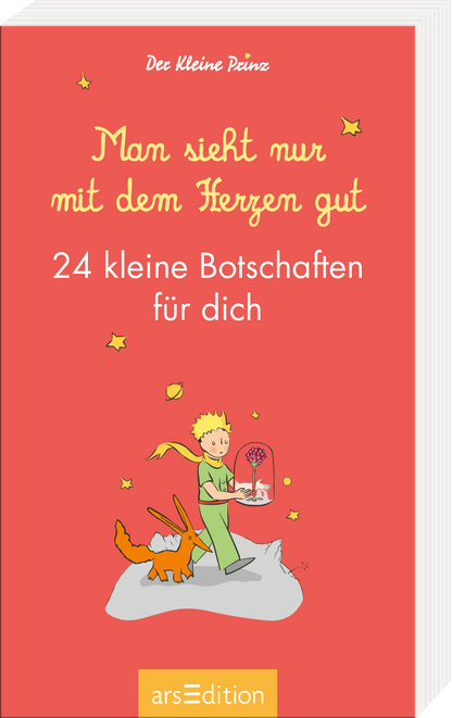 Das Buchcover zeigt einen leuchtend korallenroten Hintergrund mit dem Titel „Man sieht nur mit dem Herzen gut“ in eleganter, goldener Schrift. Darunter steht „24 kleine Botschaften für dich“ in klarer, weißer Typografie. In der Mitte des Covers ist eine kindliche Illustration eines kleinen Jungen mit einem gelben Haar, der eine rote Blume in der Hand hält. Um ihn herum sind kleine Sterne verstreut. Oben links ist der Urheber „Der Kleine Prinz“ genannt. Ein...