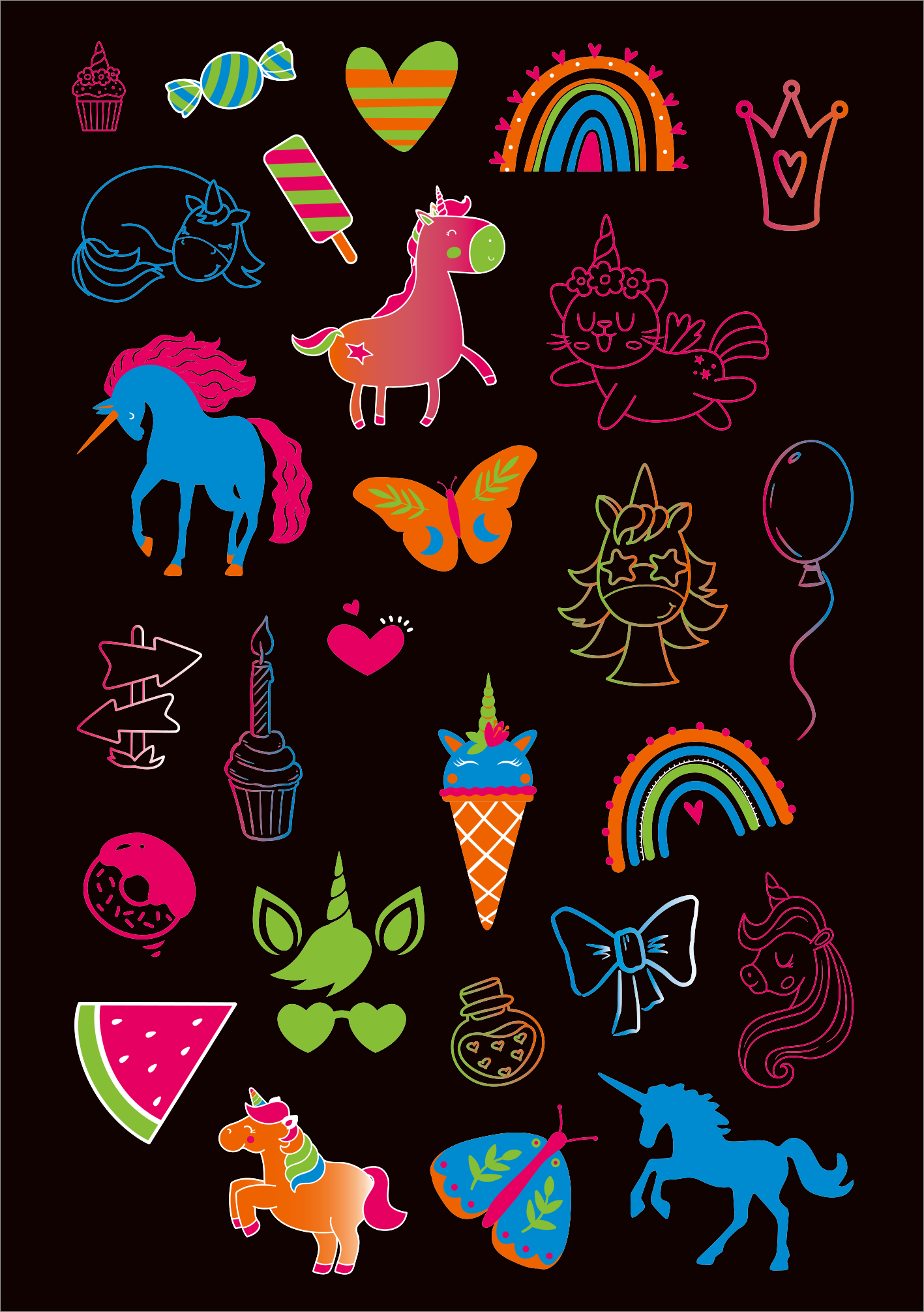 Gezeigt wird eine Innen- oder Zusatzansicht von „Neon-Sticker“. Die Darstellung präsentiert bunte, fröhliche Motive auf dunklem Hintergrund. Zu sehen sind unter anderem Regenbogen, Einhörner, Herzen, sowie süße Leckereien wie Eis und Lollis. Die Farben sind leuchtend in Neon-Tönen gehalten, darunter Pink, Blau, Gelb und Grün. Die Typografie ist verspielt und kindgerecht, ergänzt von illustrativen Elementen, die Spaß und Kreativität ausstrahlen.