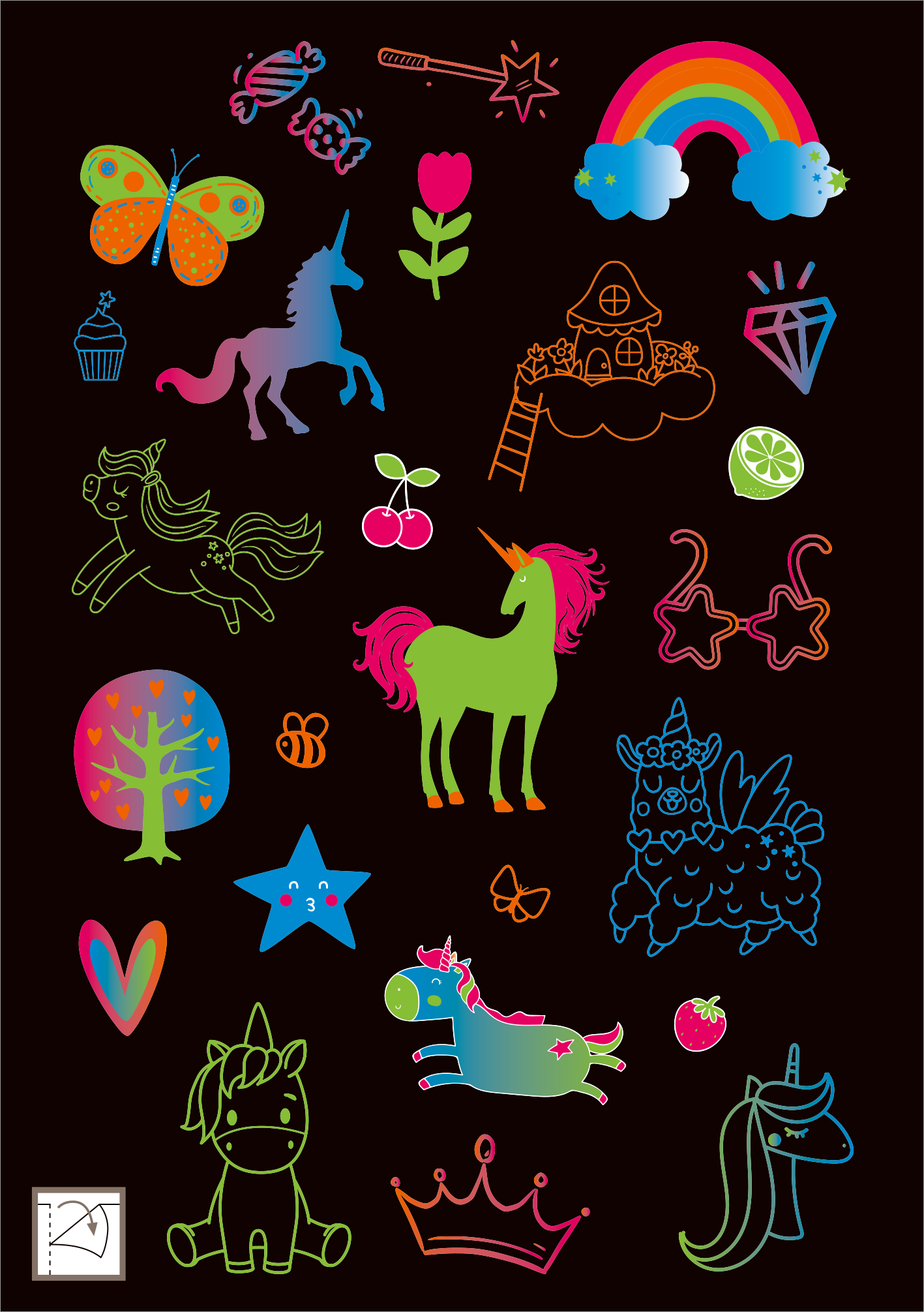 Gezeigt wird eine Innen- oder Zusatzansicht von „Neon-Sticker“. Die Grafik zeigt eine Vielzahl bunter Sticker in leuchtenden Neonfarben auf schwarzem Hintergrund. Zu den zentralen Motiven gehören ein Einhorn, ein Regenbogen, Schmetterlinge, Herzen, Sterne sowie verschiedene Pflanzen und Obst. Die Typografie ist verspielt und passt zu den Illustrationen. Die Farben sind intensiv und reichen von Pink über Grün bis Blau, was eine fröhliche und lebendige Atmosphäre schafft.