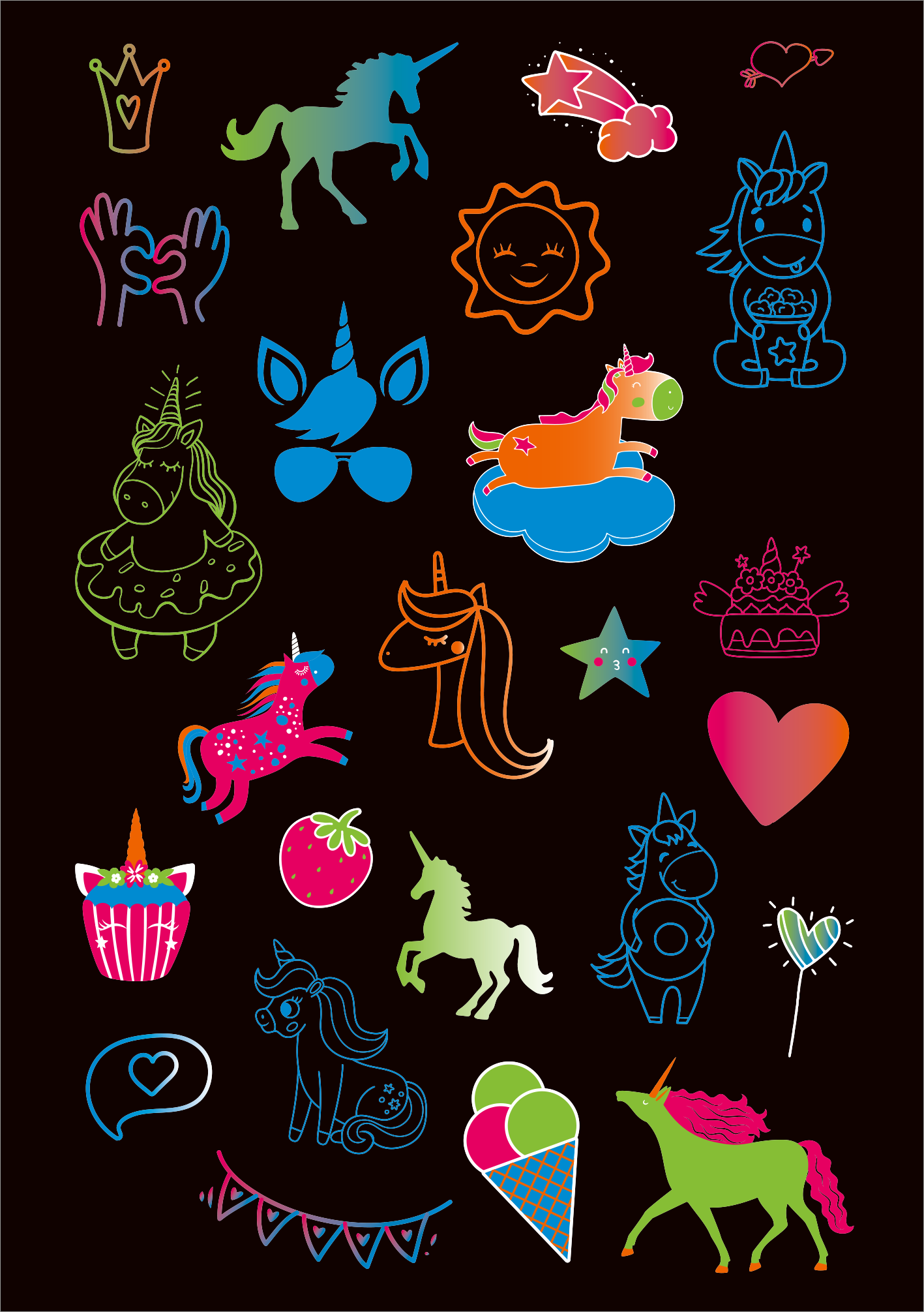 Gezeigt wird eine Innen- oder Zusatzansicht von „Neon-Sticker“. Die Darstellung enthält ein buntes Sortiment an Aufklebern in leuchtenden Neonfarben wie Pink, Grün, Blau und Gelb. Zu den zentralen Motiven gehören Einhörner, Herzen, Sterne, eine Sonne sowie verschiedene niedliche Charaktere und Objekte. Die Typografie ist verspielt und kindgerecht, unterstützt durch verschnörkelte und klare Schriftarten. Der Hintergrund ist schwarz, was die Farben der Sticker verstärkt und zur...