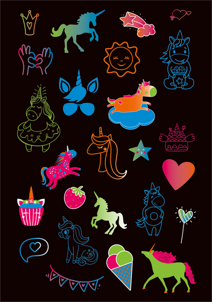 Gezeigt wird eine Innen- oder Zusatzansicht von „Neon-Sticker“. Die Darstellung enthält ein buntes Sortiment an Aufklebern in leuchtenden Neonfarben wie Pink, Grün, Blau und Gelb. Zu den zentralen Motiven gehören Einhörner, Herzen, Sterne, eine Sonne sowie verschiedene niedliche Charaktere und Objekte. Die Typografie ist verspielt und kindgerecht, unterstützt durch verschnörkelte und klare Schriftarten. Der Hintergrund ist schwarz, was die Farben der Sticker verstärkt und zur...